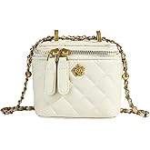 Mini Quilted Leather Crossbody Bag with Chain Strap Women's Top Handle Bucket Square Box Bag for Women (Beige white)