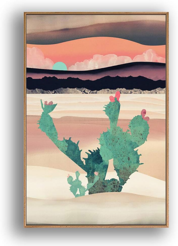 SIGNFORD Framed Canvas Print Wall Art Cacti with Red Buds in The Desert at Dusk Abstract Wilderness Digital Art Modern Art Southwest Colorful for Living Room, Bedroom, Office - 16"x24" Natural