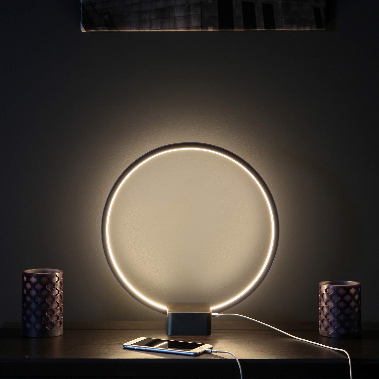 Brightech Circle LED Nightstand Lamp with USB Port – Compact Bed Stand Lamp for Bedroom, Living Room - Modern Asian Table & Desk Lamp on Side & End Tables - Jet Black