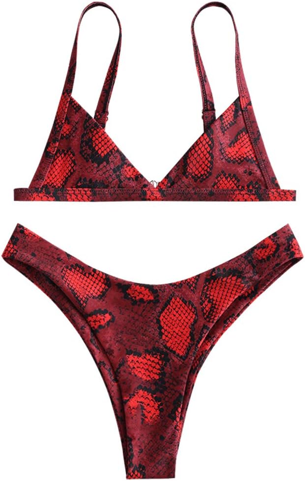 ZAFUL Women's Snakeskin Leopard Strap Side Deep V Print High Cut Bikini Set Swimsuit