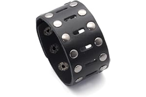 Fusamk Punk Rock Double Row Rivets Wristband Hollow Wide Leather Cuff Bracelet