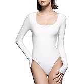 PUMIEY Women's Square Neck Long Sleeve Bodysuit Sexy Body Suit Tops Smoke Cloud Collection