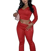 Women 2 Piece Lounge Set Contrast Lace V Neck Long Sleeve Crop Top Fold Over Flare Yoga Pants Tracksuit Casual Outfits