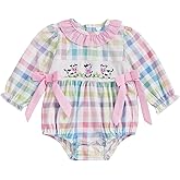 Mieeyali Newborn Baby Girl Farm Clothes Cow Animal Bodysuit Smocked Ruffle Gingham Bubble Romper Bow Fall Outfit