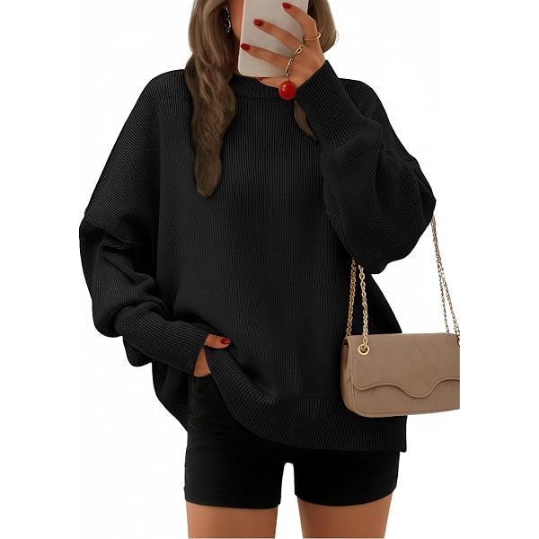 Suéter Oversize De Punto Para Mujer - Cuello Redondo, Manga Larga Murciélago, Con Abertura Lateral