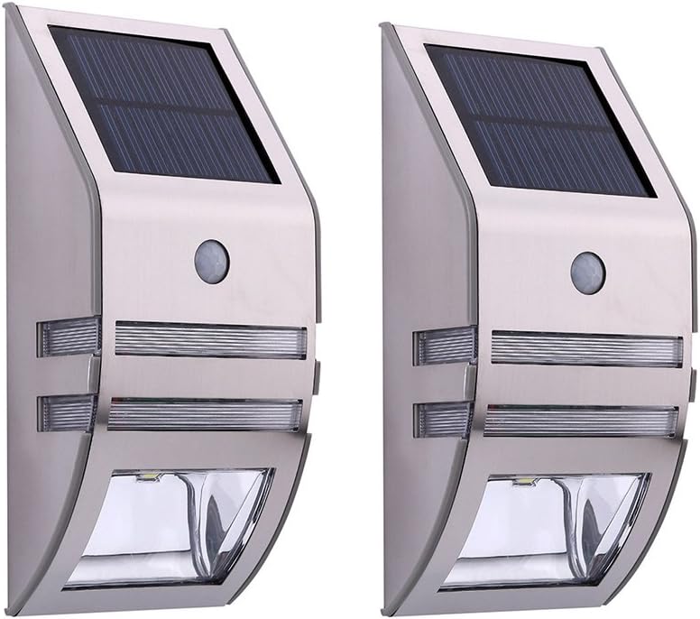2PCS Solar Motion Sensor Lights,Stainless Steel Wireless Waterproof LED Lamp Wall lighting for Garden, Outdoor, Fence, Patio, Yard, Home, Stairs, Outside Wall etc. (silver)