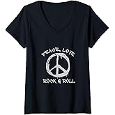 Womens Peace Love and Rock and Roll Saying Rocker Motif V-Neck T-Shirt