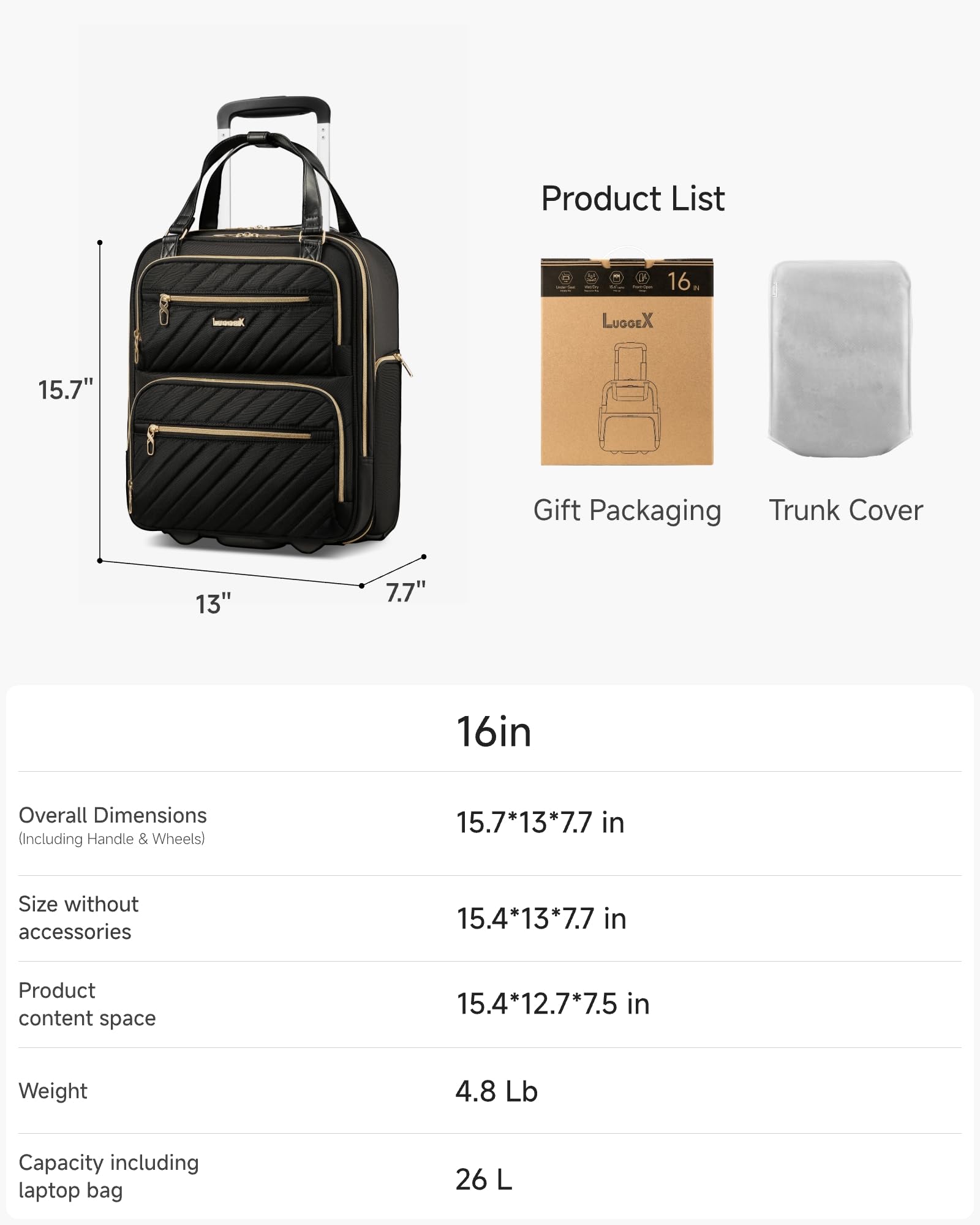 LUGGEX Underseat Carry On Luggage with Wheels, Stylish Lightweight Under Seat Luggage, Soft Sided Personal Item Suitcase for Short Trip (Black, 16 Inch)