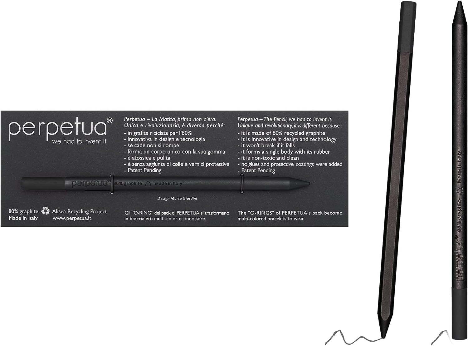 Perpetua Eco Drawing Sketching Pencil Black Eraser - Artist Recycled Graphite Pencil With Non-Toxic Rubbers Erasers - Made In Italy Design And Technology For Writing And Drawing