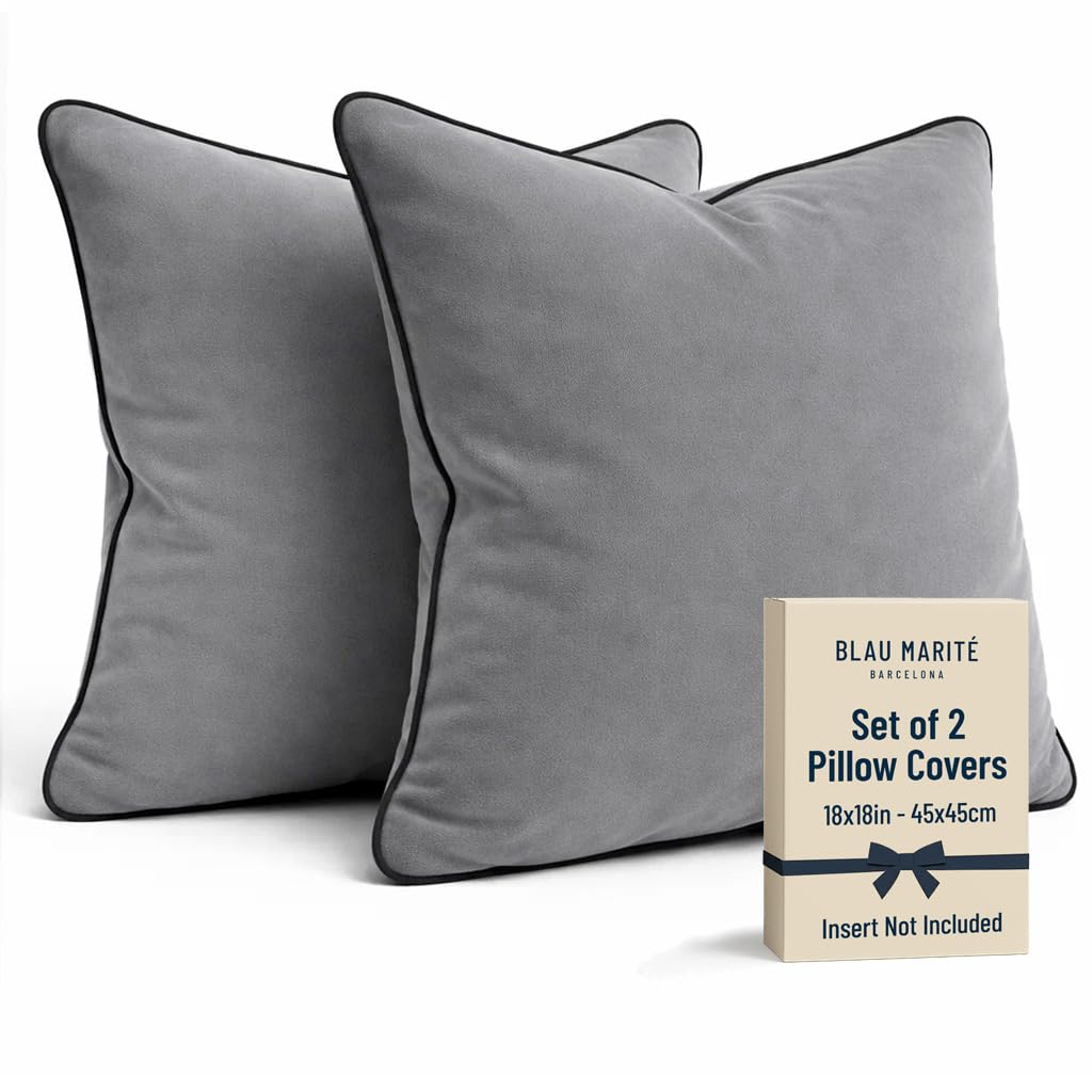 Blau Marité Set of 2 Velvet Throw Pillow Covers with Contrast Piping, Soft Decorative Cushion Covers, Dove Grey, 18"x18" (45x45 cm). — image 1