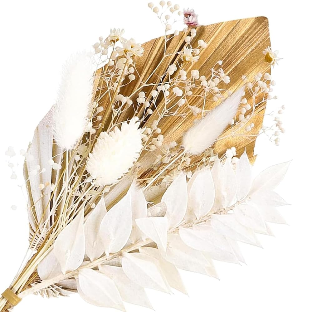 Flower Cake Topper, Dried Flowers for Cakes, Boho Cake Decorations Flowers Dried Flower Bouquet for Bunny Tail Gypsophila Gold Palm Leaf (White)