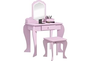 Qaba Kids Vanity Set with Mirror and Stool, Makeup Vanity Table for Children 3-6 Years Old, with Drawer Storage Boxes, Cloud-