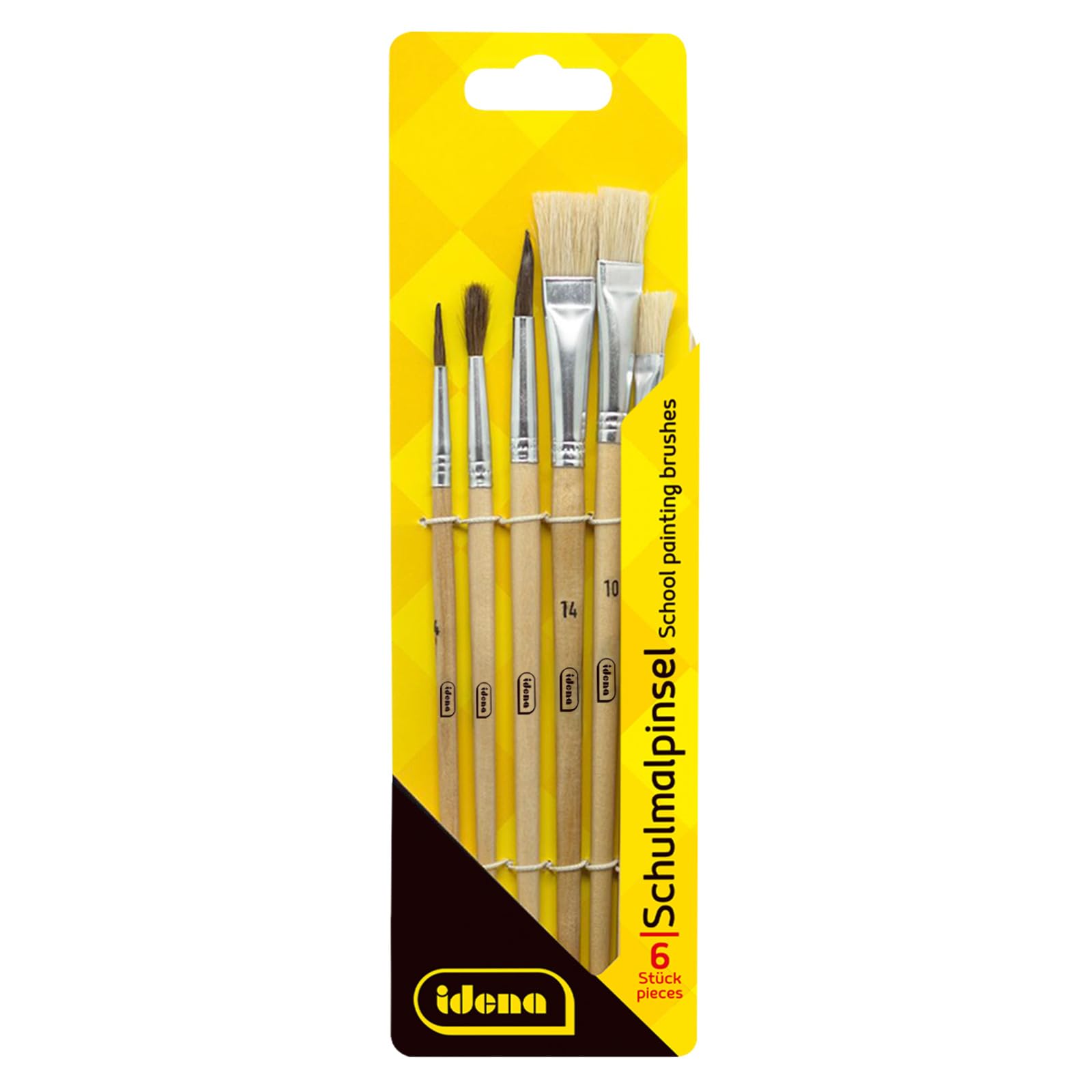 Idena 60104 School Brush, in 6 Sizes, 3 Round Brushes and 3 Bristle Brushes, Unpainted