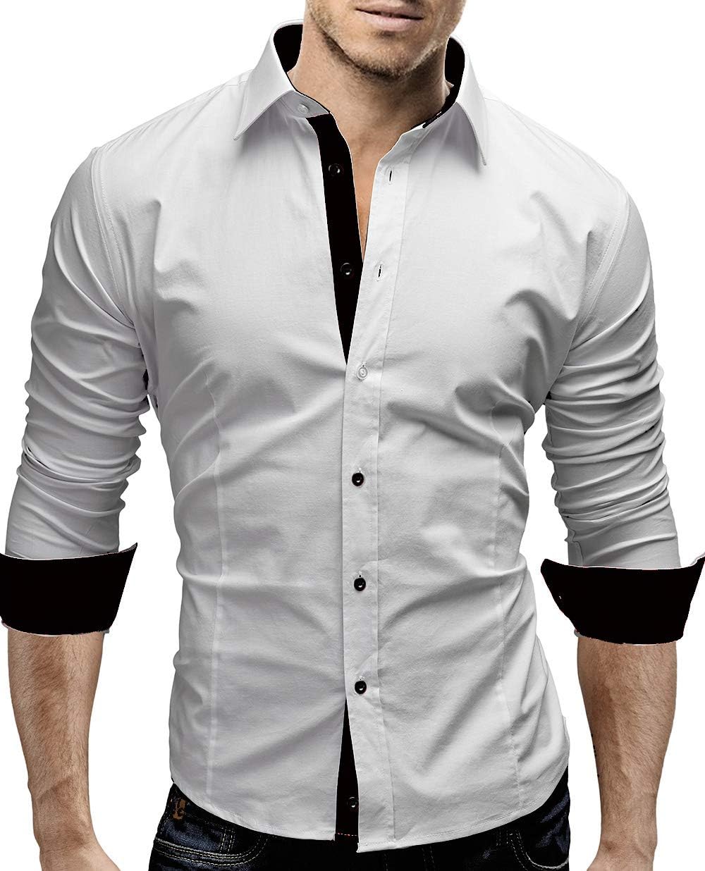 Men's Casual Formal Dress Shirt Contrast Long Sleeve PS08