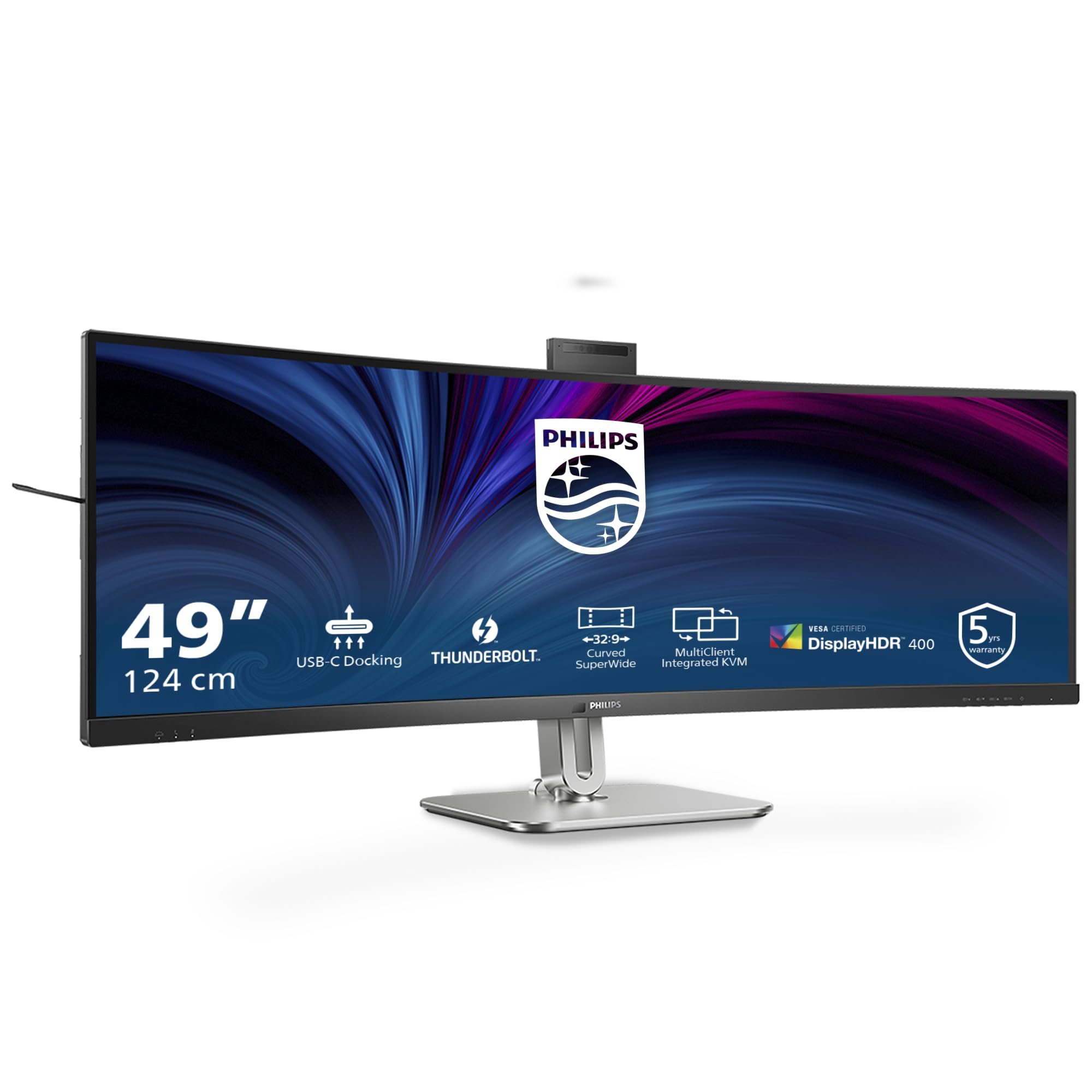 PHILIPS 49B2U6903CH - 49 Zoll DQHD Curved Monitor, Webcam, Mikrofon, RJ45, höhenverstellbar (5120x1440, HDMI, DisplayPort, Thunderbolt 4, USB Hub) schwarz