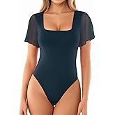 MANGOPOP Women's Bodysuit Square Neck Ruffle Flutter Sheer Mesh Short Sleeve Slim Fit Blouse Body Suits Tops Casual