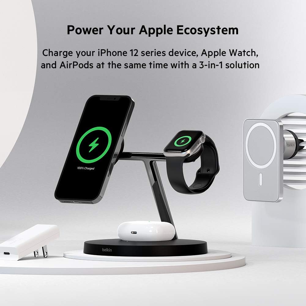 Belkin MagSafe 3-in-1 Wireless Charger, 15W iPhone Fast Charging, Apple Watch, AirPods Charging Station for iPhone 12, Pro, Pro Max, Mini, AppleWatch and AirPods
