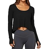 Coloquin Women Long Sleeve Crew Neck Workout Crop Tops Flowy Babydoll Running Yoga Gym Tops T Shirt