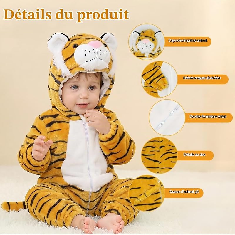 Combinaison Bébé, Unisexe Hiver Bébé Grenouillères Animal, Tigre-80 — photo 3 sur 7