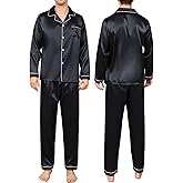 AprBean Satin Silky Men's Pajama Sets Long Sleeve Classic Sleepwear with Pockets Long Pants Lounge Set Pj Set Loungewear
