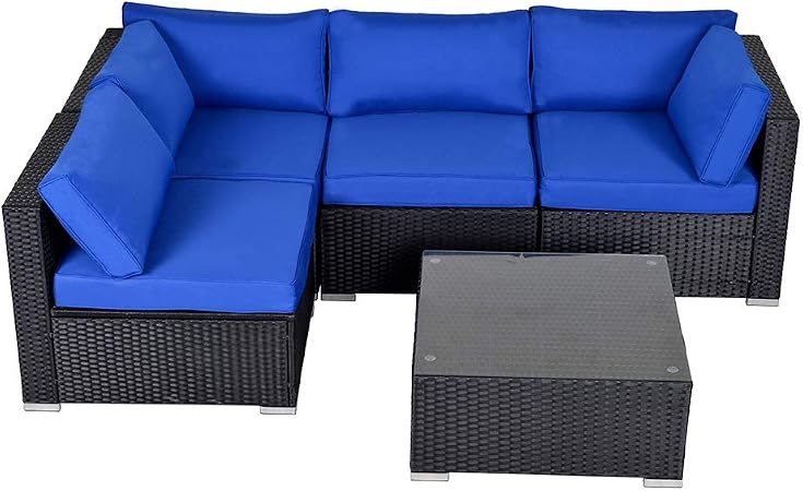 Amazon Com 5pcs Patio Furniture Sets All Weather Wicker Rattan Outdoor Sectional Sofa With Tea Table Blue Washable Couch Cushions Black Royal Blue Garden Outdoor