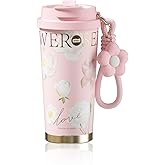 Sidagar Insulated Travel Coffee Mug,18 oz Stainless Steel Coffee Tumbler with Flip Straw, Double Wall Thermal Cup with Leak Proof Lid,Reusable Ceramic Water Bottle for Office, Pink