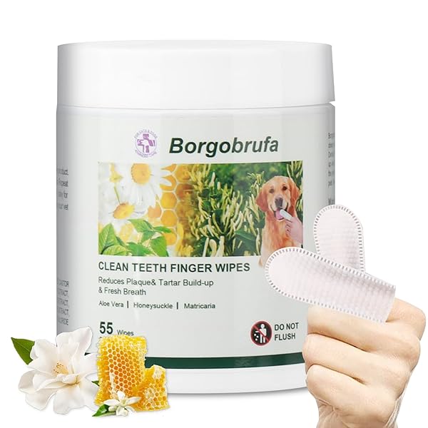BORGOBRUFA DOG TEETH CLEANING WIPES, TEETH CLEANING FINGER WIPES FOR DOGS & CATS, DISPOSABLE NATURAL TEETH CARE WIPES GENTLE CLEANING & GUM CARE PET WIPES REDUCES PLAQUE & FRESHENS BREATH, 55 PCS