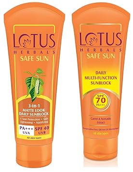 Lotus Herbals Safe Sun 3-In-1 Matte Look Daily Sunblock SPF-40, 50g & Herbals Safe Sun Daily Multi Function Sunblock SPF-70, 60g Combo