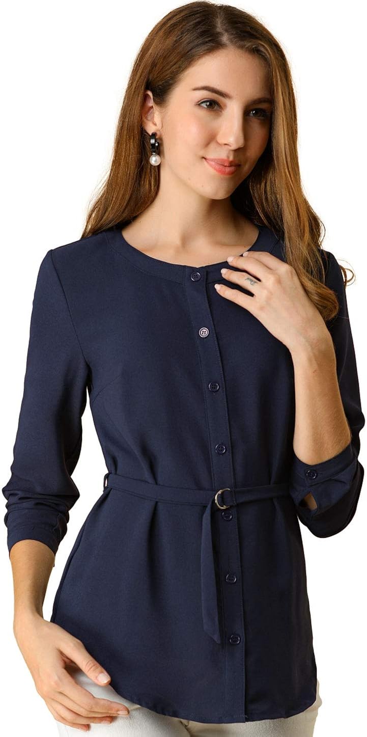 Allegra K Women's Long Sleeve Button Down Belted Top Casual Career Blouse Shirt