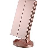 deweisn Dresser Mount Tri-Fold Lighted Vanity Mirror with 21 LED Lights, Touch Screen and 3X/2X/1X Magnification, Two Power Supply Modes Make Up Mirror,Travel Mirror