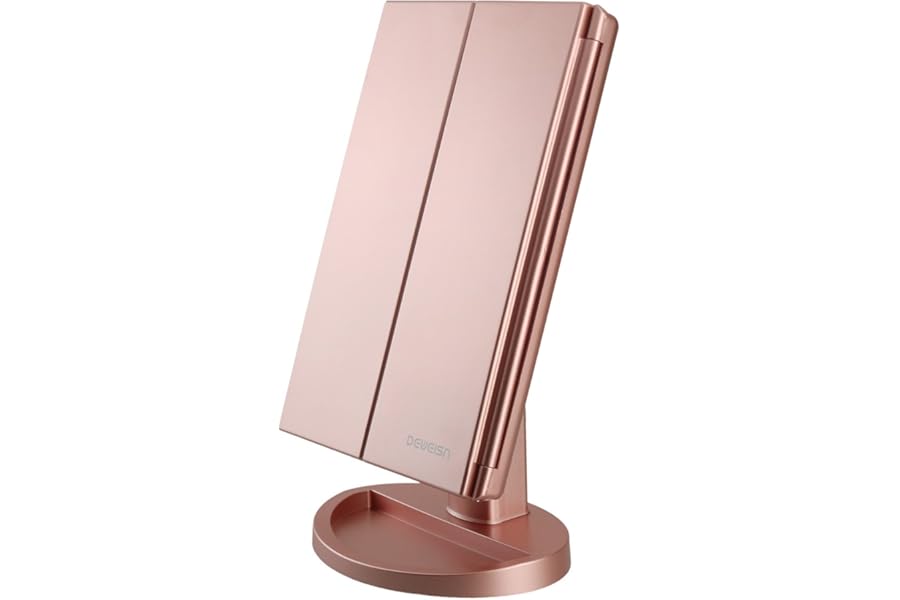 deweisn Dresser Mount Tri-Fold Lighted Vanity Mirror with 21 LED Lights, Touch Screen and 3X/2X/1X Magnification, Two Power Supply Modes Make Up Mirror,Travel Mirror