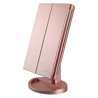 Tri-Fold Lighted Vanity Makeup Mirror with 21 LED Lights,3X/2X Magnification Mirror,Touch Sensor Switch, Two power Supply Mode Tabletop Makeup Mirror,Travel Cosmetic Mirror (Rose Gold)