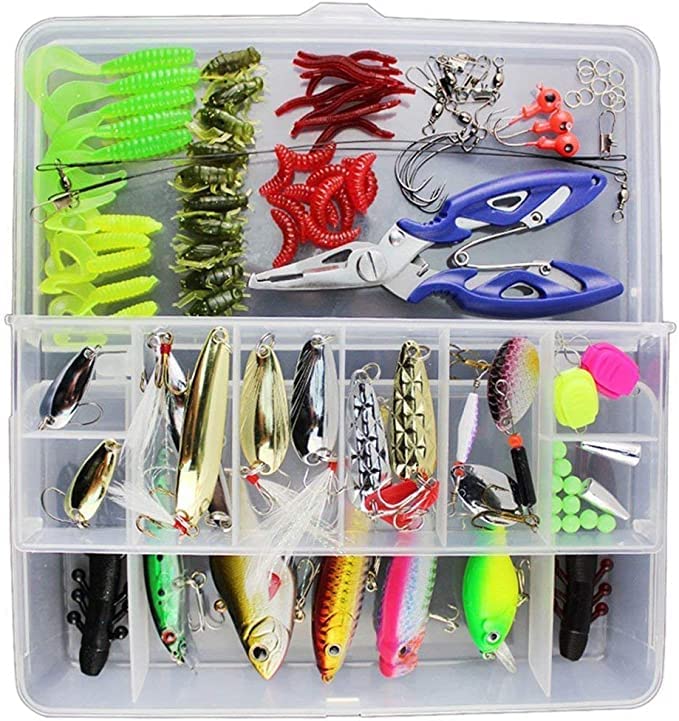 HAWKRIDGE - 103 light line lure set comprehensive Fishing Accessory Terminal Tackle Lure Set - Includes Plugs Hooks Artificail Bait Beads Jigs Pliers and Much More
