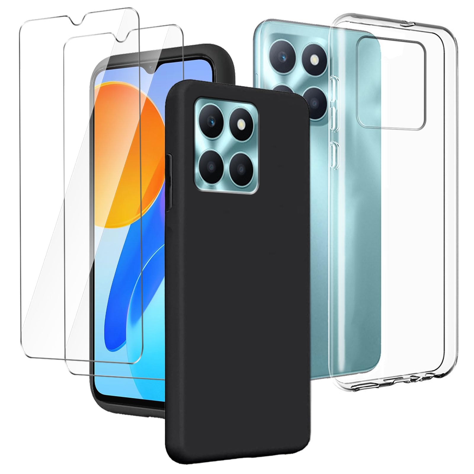 LYZXMY Case Compatible with Honor X6a 4G (6.56") Transparent + Black Cover + [2 Pieces] Tempered Film Glass Screen Protector - Silicone Soft TPU Cover Shell