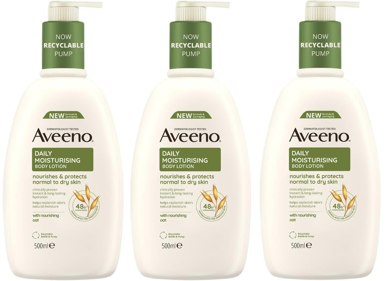 Aveeno Daily Moisturising Body Lotion Bundle (3x 500ml), Hydrating Lotion Enriched with Nourishing Colloidal Oatmeal, Gentle Body Moisturiser Suitable for Sensitive and Dry Skin