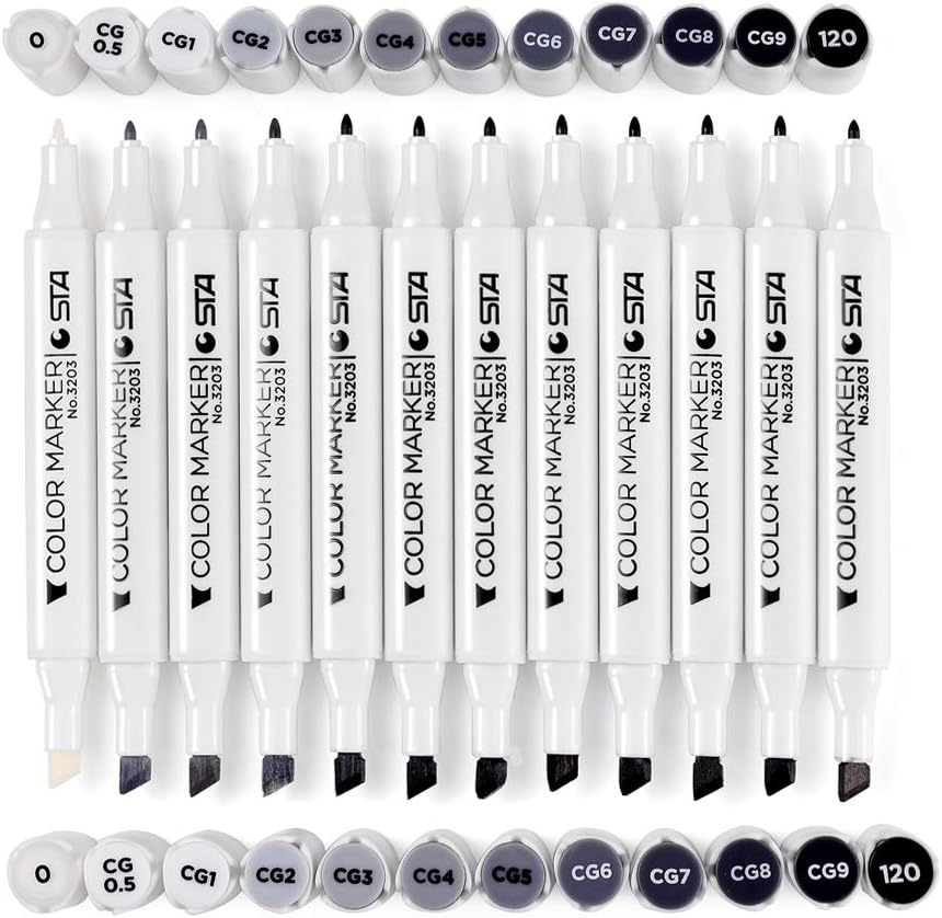 Matthiola Cool Grey Art Marker Pens- Dual Tip Permanent Markers,Perfect for Drawing, Shading, Outlining, Illustrating, Sketching, Colorless Blender(12 Colors Cool Gery Style)
