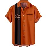 Mens Halloween Shirt Pumpkin Printed Hawaiian Bowling Short Sleeve Casual Button Down Holiday Shirts