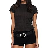 Women Smocked Crop Top Y2K Cap Short Sleeve Ruffle Fitted Crew Neck Shirt Summer Shirred Going Out Blouse Beachwear