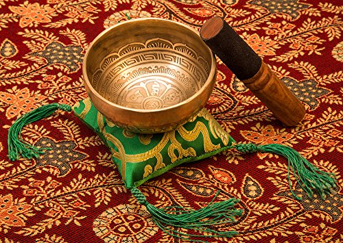 Tibetan Handmade Singing Bowl Set By YAK THERAPY - Om Mani Padma Hum - Excellent Resonance Healing & Meditation Yoga Bowl with Mallet, Silk Cushion, & Silk Bag - Crown Chakra Balancing - Made in Nepal - Thumbnail 4