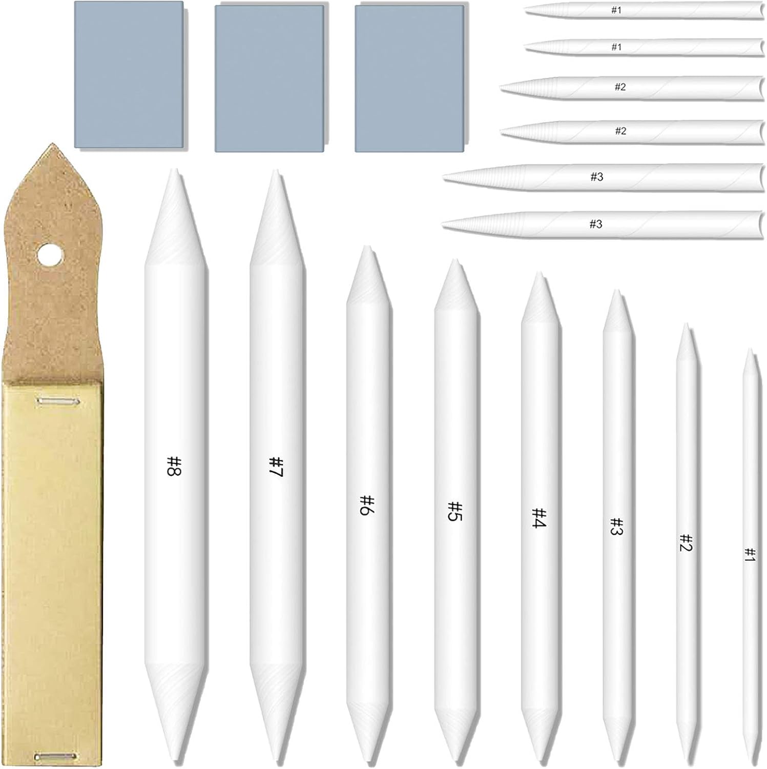 ANXEN 18 Pcs Blending Stumps Set for Drawing Tortillions Paper Art Blenders with 3 Kneaded Erasers, 1 Sandpaper Pencil Sharpener, Shading Pencils for Student Artist Charcoal Sketch Drawing Tools