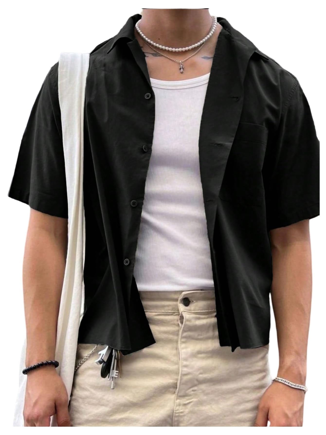 Photo 1 of SHENHE Men's Button Up Shirt Short Sleeve Summer Casual Going Out Loose Fit Shirt Top Black X-Large