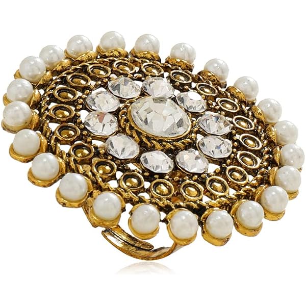 I Jewels Women's 18K Gold Plated Indian Wedding Ring - Adjustable Moti Polki Kundan Bollywood Finger Ring