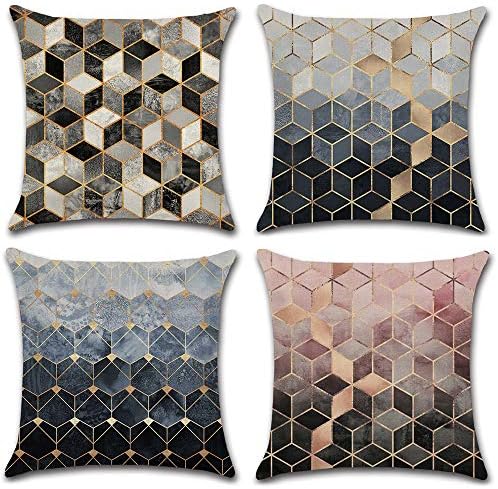 Heth Linen Decorative Cushion Cover Throw Pillow Case for Bedroom Sofa Office Invisible Zipper Set of 4, 45x45cm (18"x18") (Marble)