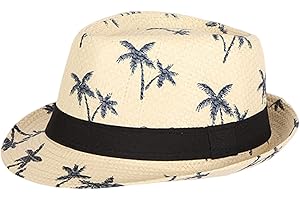 HUIFACAI Beige Straw Fedora Hat, Unisex Adults to Kids, Panama Hat, Tropical Printed Sunhat, Summer Hat, Breathable, Sweatban