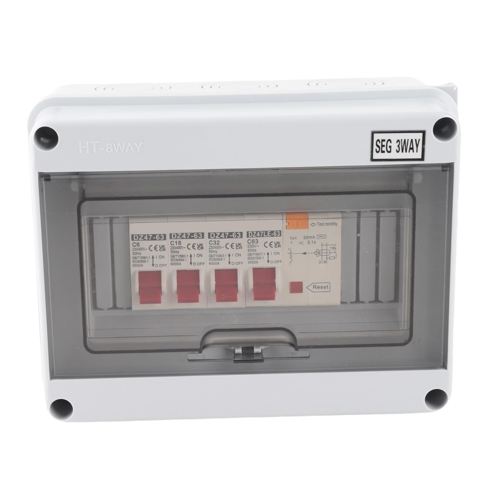 63A 30mA RCD Consumer Unit with 3 MCB(6A+16A+32A), IP65 Waterproof 230/400V Circuit Breaker Distribution Box, Flame Retardant Mini Electrical Unit for Garage Caravan Workshop