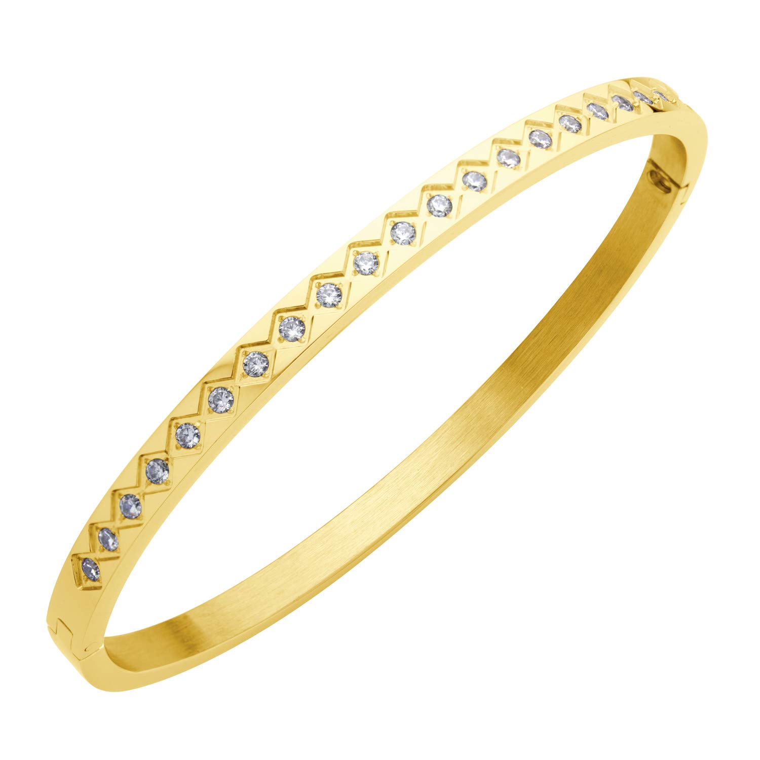 555Jewelry 4mm Thin Stainless Steel Hinged Cuff Bangle Bracelets for Women, Cubic Zirconia Designer Inspired Cuff Bangle Bracelets for Women, Sparkly Bangles for Women, Gold