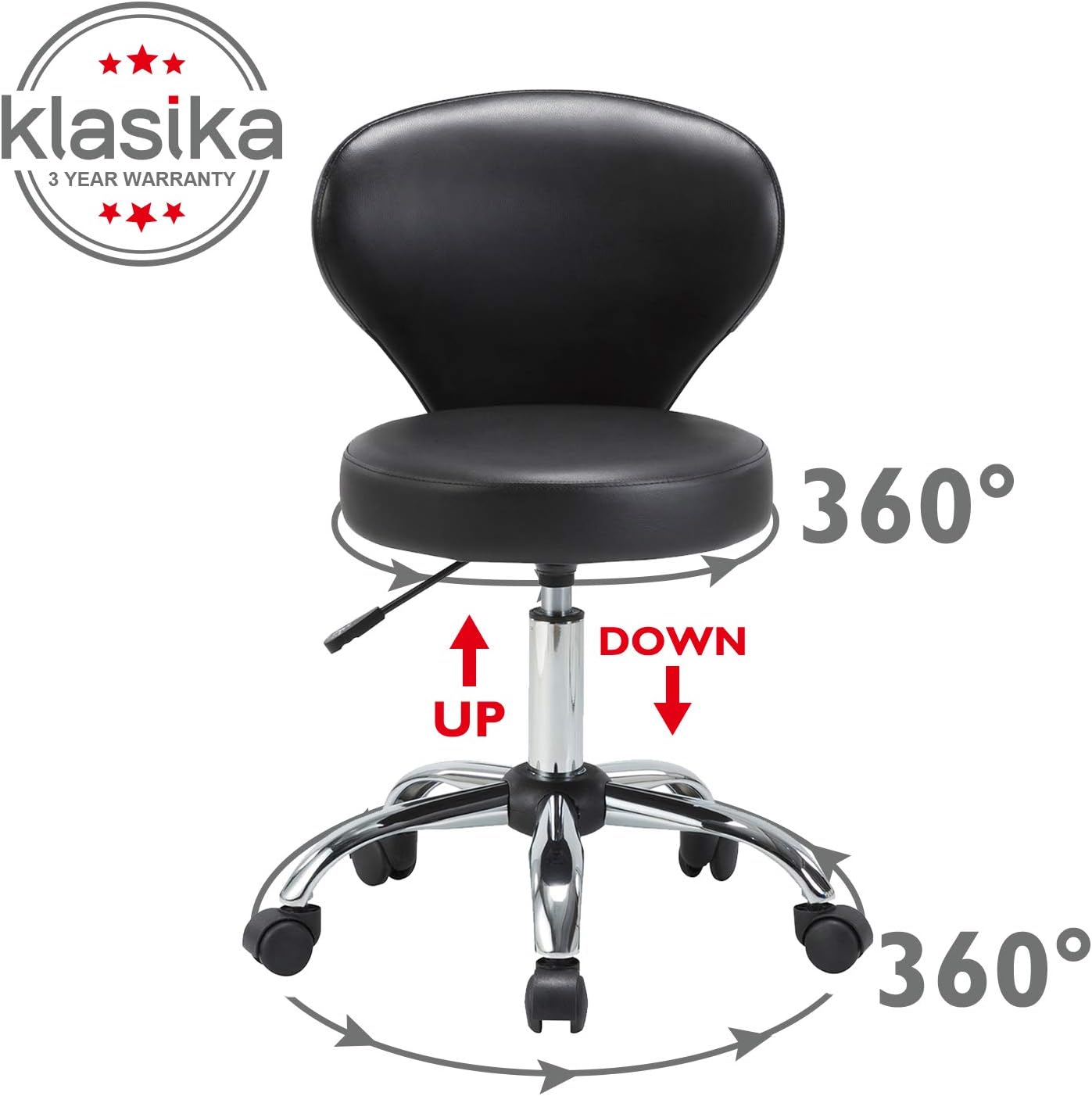 KLASIKA Rolling Swivel Salon Stool Chair with Back Support Adjustable Hydraulic for Office Massage Facial Spa Medical Drafting Tattoo Beauty Barber: Furniture & Decor
