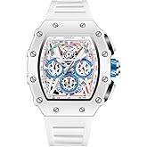 FANMIS Fashion Hollowed Men Watches Tonneau Skeleton Dial Big Face Waterproof Chronograph Fashion Casual Watch with Silicone Strap Multifunctional Outdoor Sports Wristwatch