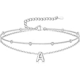 Suplight Sterling Silver Ankle Bracelets for Women Layered Dainty Initial Anklets Foot Chain Beaded Plus Size Anklets for Women Beach Waterproof Jewelry 8.7"+2"