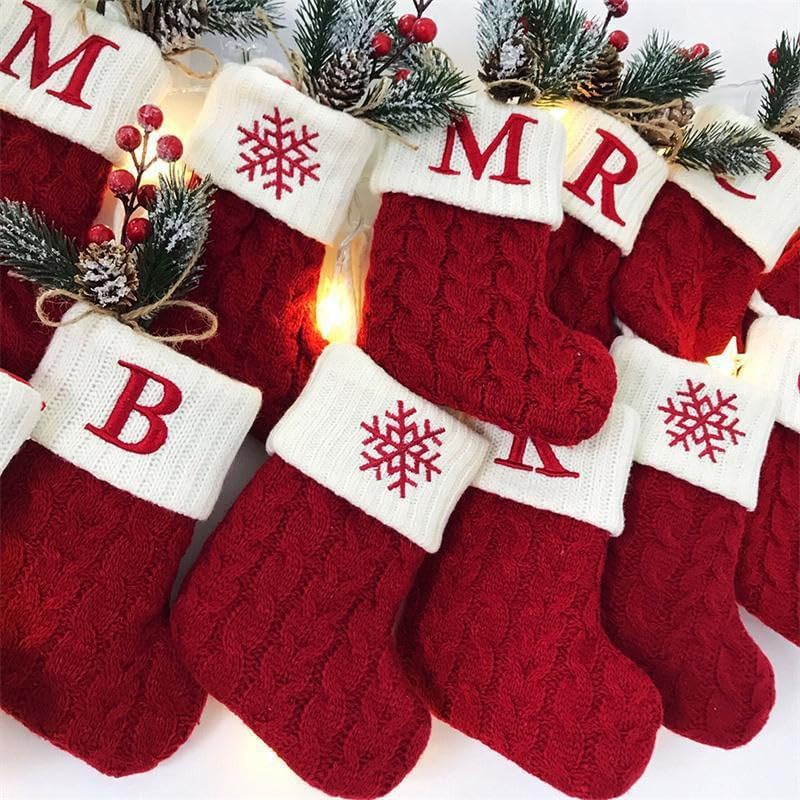 Stockings & Holders - HEAVYSEVEN Christmas Stockings with Initials, 7.1 Inches Small Embroidered Letter Knit Red White Christmas Stocking, Holiday and Family Stocking for Fireplace Christmas Holiday Party Decoration (S)